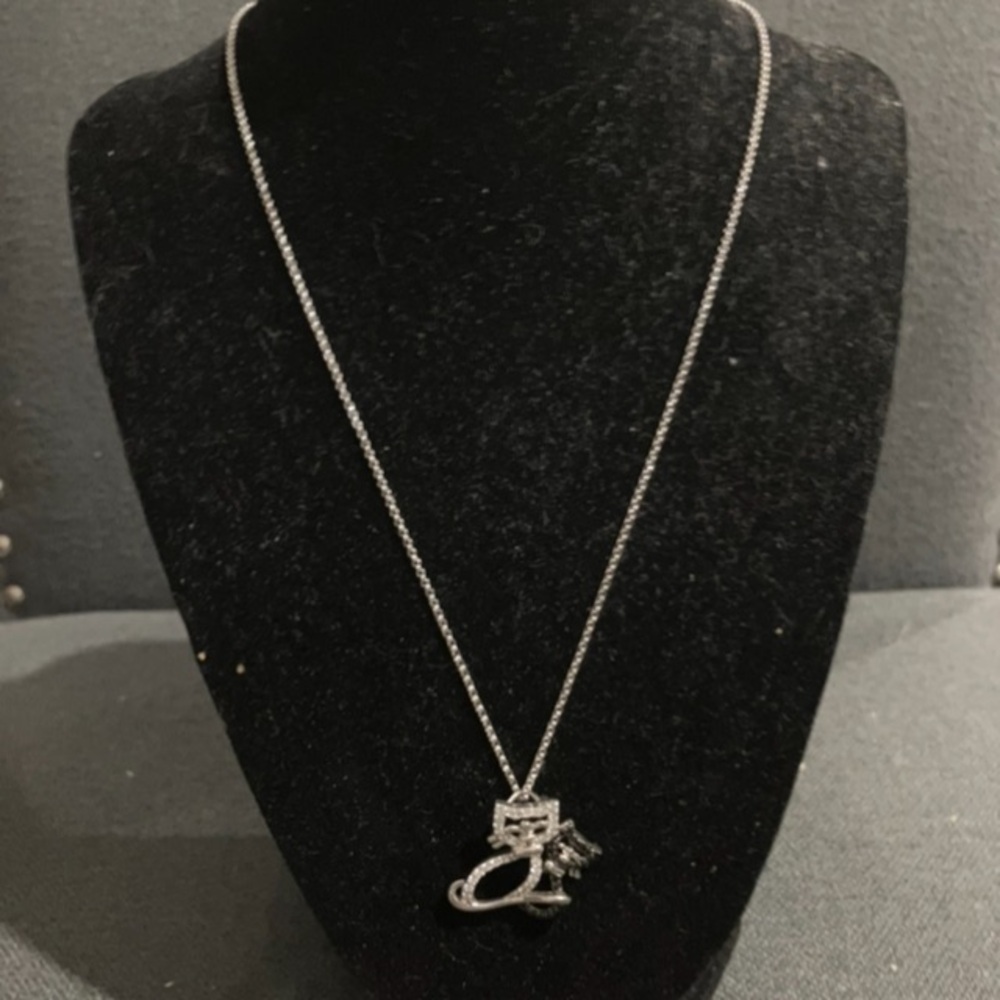 Sterling Silver Necklace with Black and White Cubic zirconia Cat Pendant